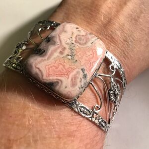 Peruvian Pink Opal Stamped 925 Sterling Silver Bracelet